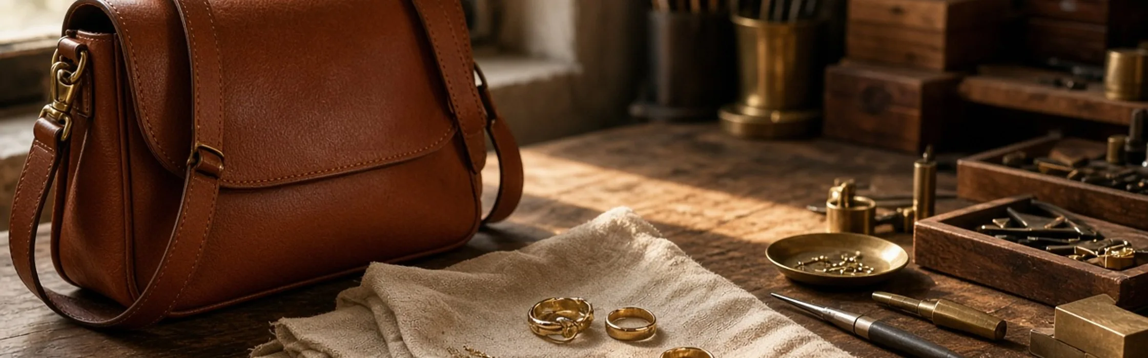 Établi de l’atelier, cuir cognac et bijoux d’or